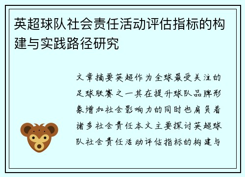 英超球队社会责任活动评估指标的构建与实践路径研究 英超球队社会责任活动评估指标的构建与实践路径研究